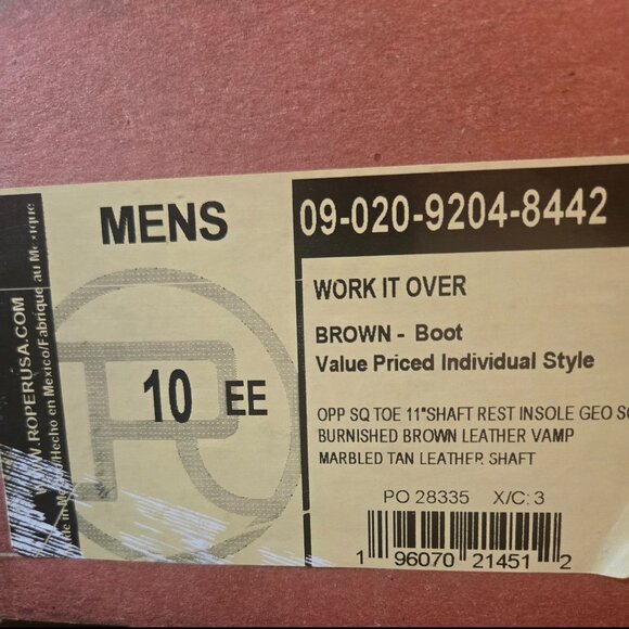 Roper Men's Work It Over Boots 10 EE Wide Brown 09-020-9204-8442 - Picture 10 of 12